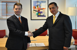 Home Office Security Minister James Brokenshire and Peruvian Vice Interior Minister Ivan Vega Loncharich