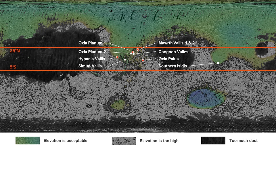 The four sites favoured by scientists at the first Landing Site Selection Workshop. Credit: ESA-Roscosmos/LSSWG/D. Loizeau