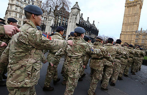 The last military personnel to serve on Operation Herrick march to the Houses of Parliament [Picture: Senior Aircraftman Lee Matthews RAF, Crown copyright]