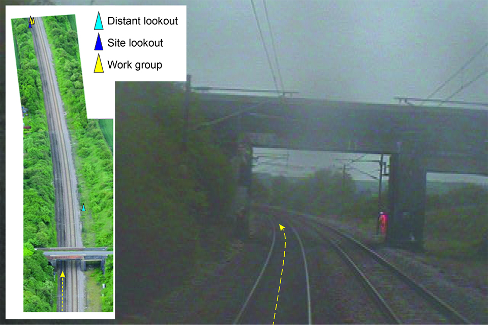 Still from FFCCTV (11:32:53 hrs) taken from train on the down line. Distant lookout is visible standing in the up cess on the right hand side near to a bridge pier (image courtesy of Greater Anglia).