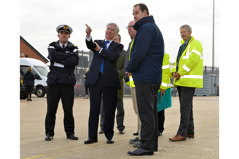 SECRETARY OF STATE VISITS HMNB PORTSMOUTH  Today, 14th December 2015, Secretary of State Rt Hon Michael Fallon visited the dredging site at HMNB Portsmouth where the new Queen Elizabeth aircraft carrier will be berthed. 