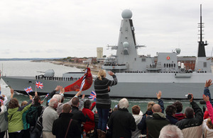 The crew of HMS Diamond are waved off by families, friends and locals as she leaves Portsmouth