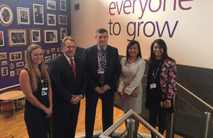 Picture of Rachel McAvoy, apprentice; John Hayes, Transport Minister; Adrian Jones, apprentice, Carol Hui, Chief of Staff, Heathrow Airport and Karima Khandker, Head of Heathrow Academy.