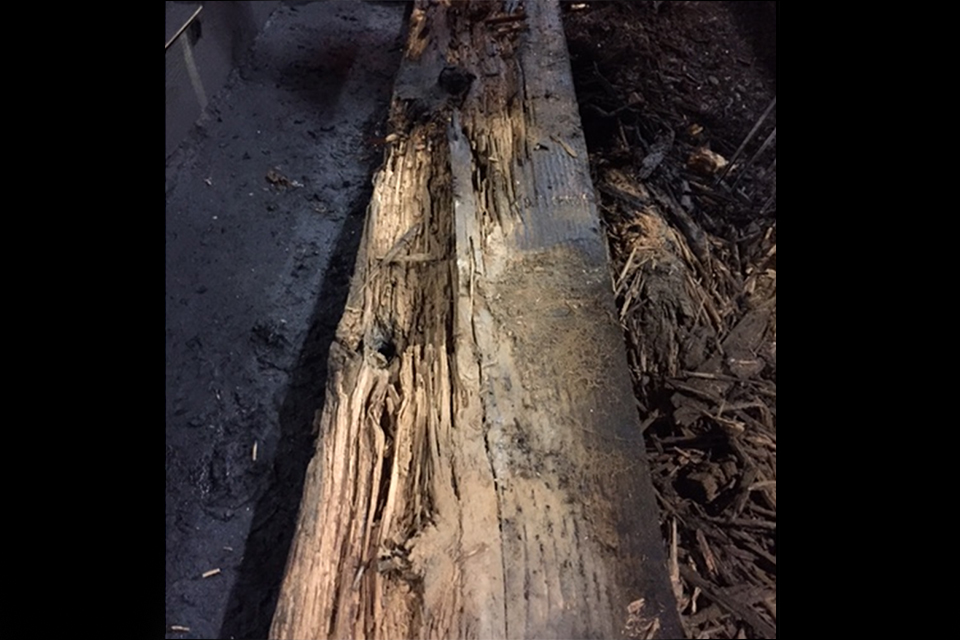 Underside of decayed right-hand timber showing wooden splinters (image courtesy of Network Rail)