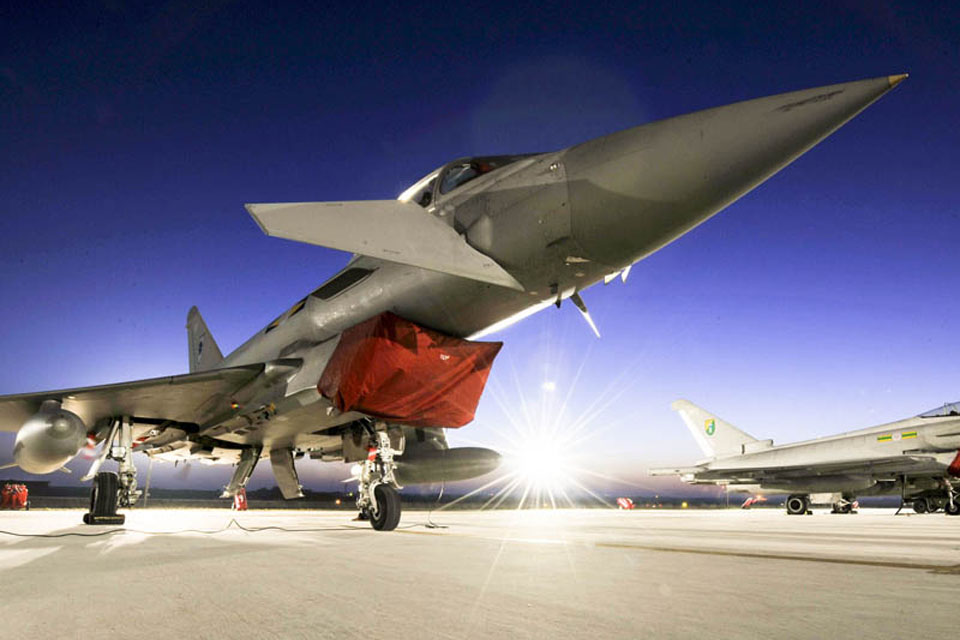 RAF Typhoon aircraft await their next sortie at Gioia del Colle air base in southern Italy (stock image) 