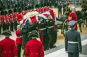 The bearer party, consisting of 10 tri-Service personnel, carries Lady Thatcher's coffin into St Paul's Cathedral [Picture: Sergeant Adrian Harlen, Crown copyright]