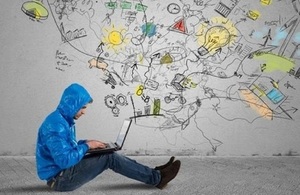 Illustration of data, a man looking at his laptop