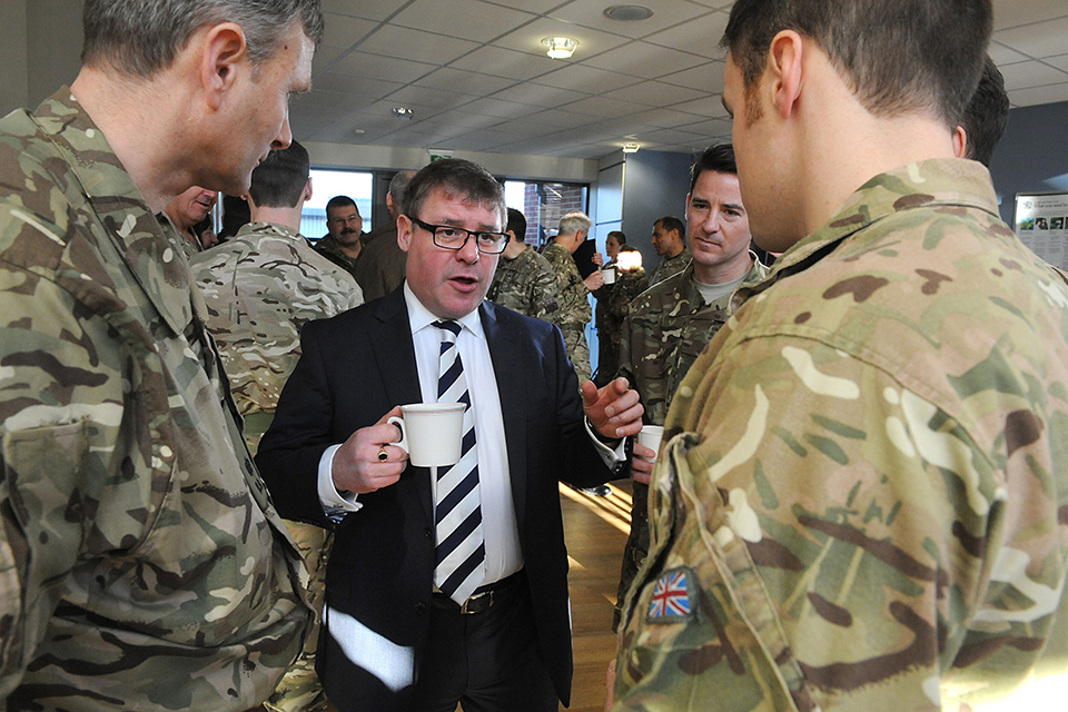 Minister for the Armed Forces, Mark Francois talking with troops from 11 Infantry Brigade prior to their deployment to Sierra Leone