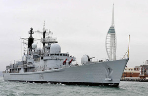 HMS Gloucester sails past the Spinnaker Tower, leaving Portsmouth for a seven-month deployment to the South Atlantic