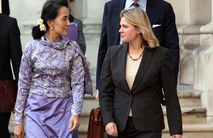 International Development Secretary Justine Greening walks with Daw Aung San Suu Kyi on the way to 10 Downing Street. Picture: FCO/Patrick Tsui