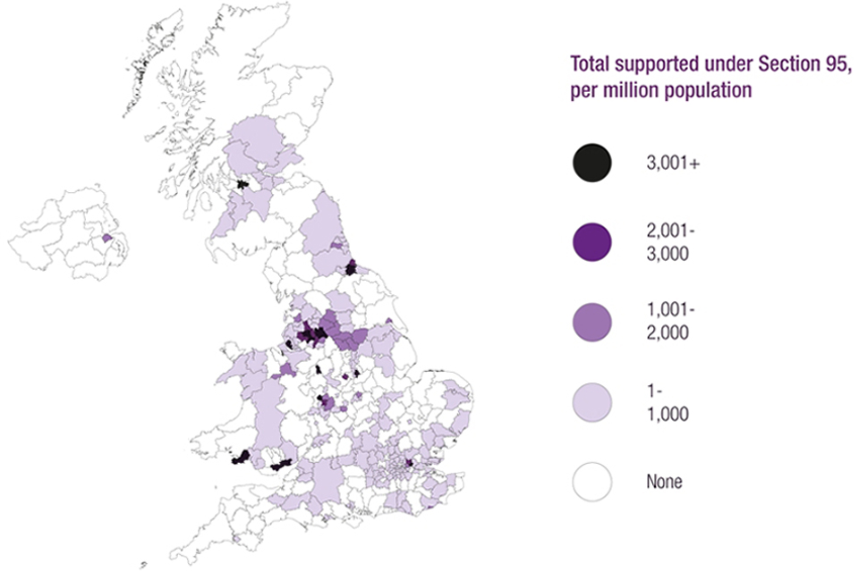 This map shows the number of asylum seekers in receipt of Section 95 support, by local authority, per million population, as at end of 2016.