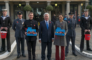 Defence Secretary Michael Fallon with singer Laura Wright and winner of Britain's Got Talent 2016 Lance Corporal Richard Jones