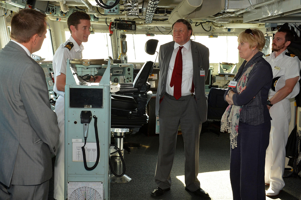 Sir John Stanley and other NATO delegates on the bridge of HMS Monmouth