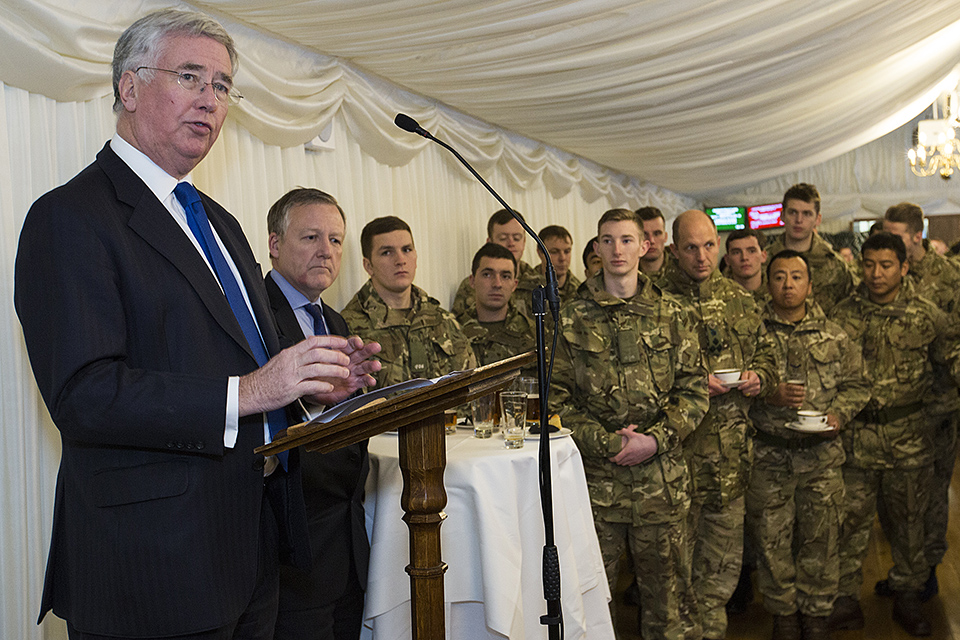 Defence Secretary Michael Fallon addresses troops returning from Afghanistan in the Palace of Westminster 