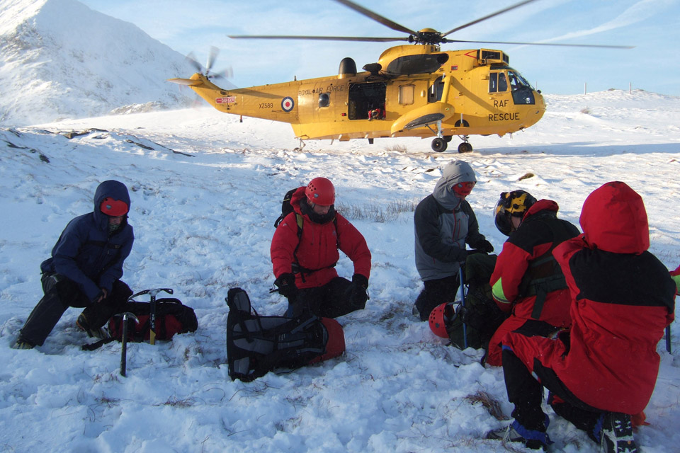 An RAF search and rescue helicopter during a mountain rescue