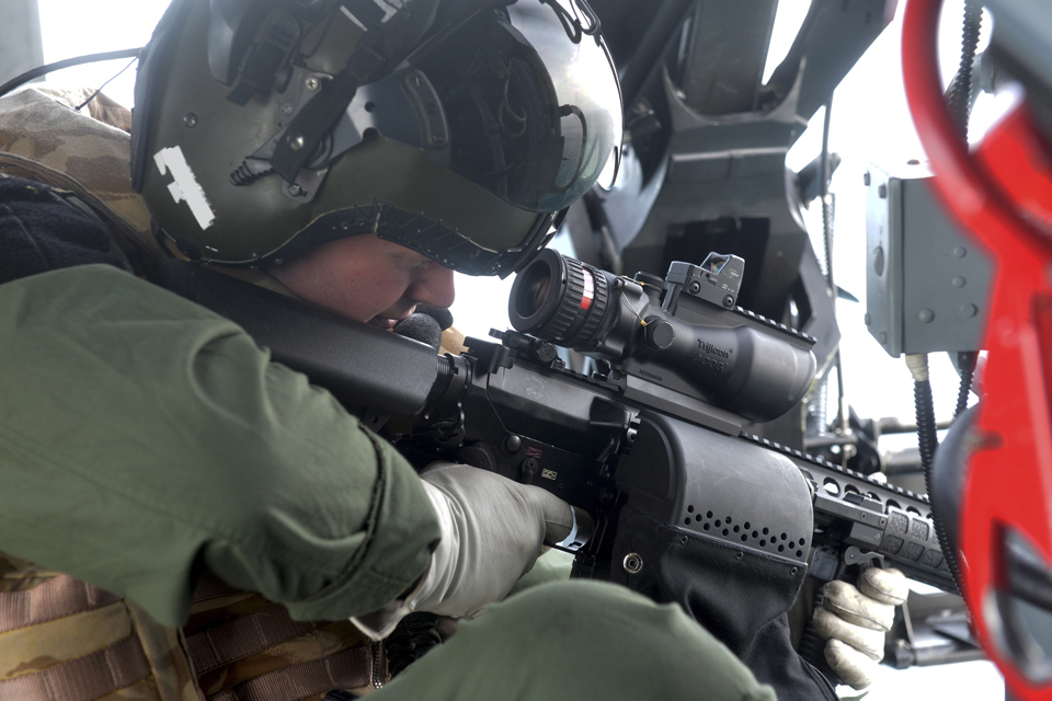 A member of HMS Lancaster's maritime sniper team