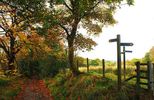 A country lane in autum with footpath signs