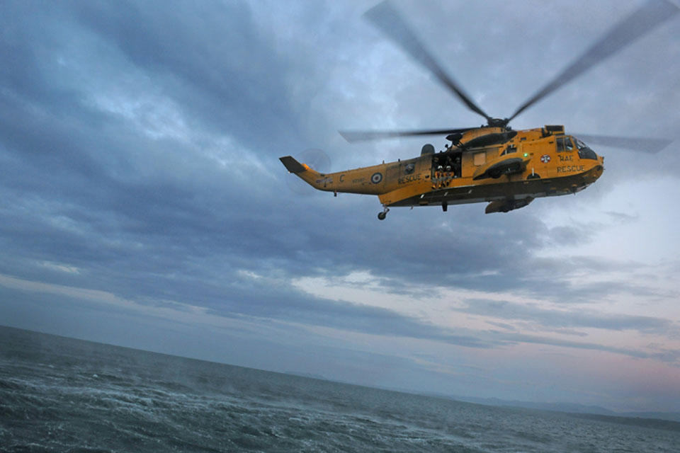 A RAF Sea King helicopter from 203 Squadron participates in Exercise Yellow Scorpion with the Royal National Lifeboat Institution