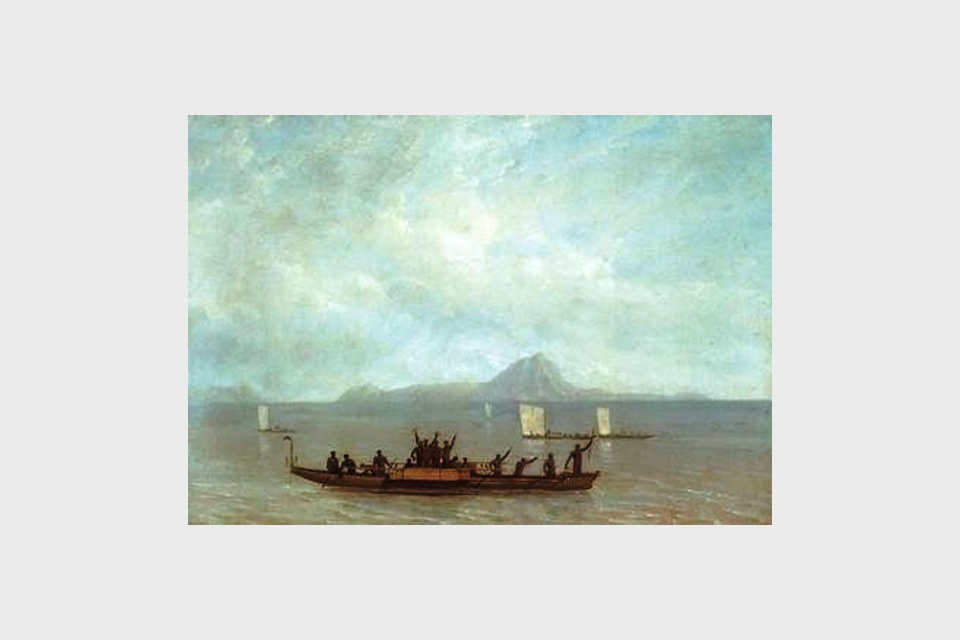 View of Murray's Islands with natives offering to barter