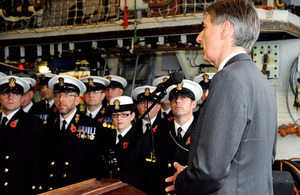 Defence Secretary Philip Hammond addresses HMS Liverpool's ship's company