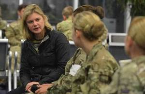 International Development Secretary Justine Greening talks to medics before to flying to Freetown. Picture: Cpl Richard Cave/MOD/Crown Copyright 2014