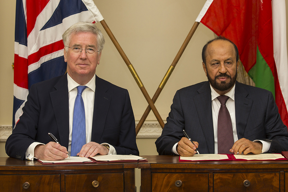 Defence Secretary Michael Fallon and Omani Minister Responsible for Defence Affairs, His Excellency Sayyid Badr bin Saud bin Harub Al Busaidi. Crown Copyright.