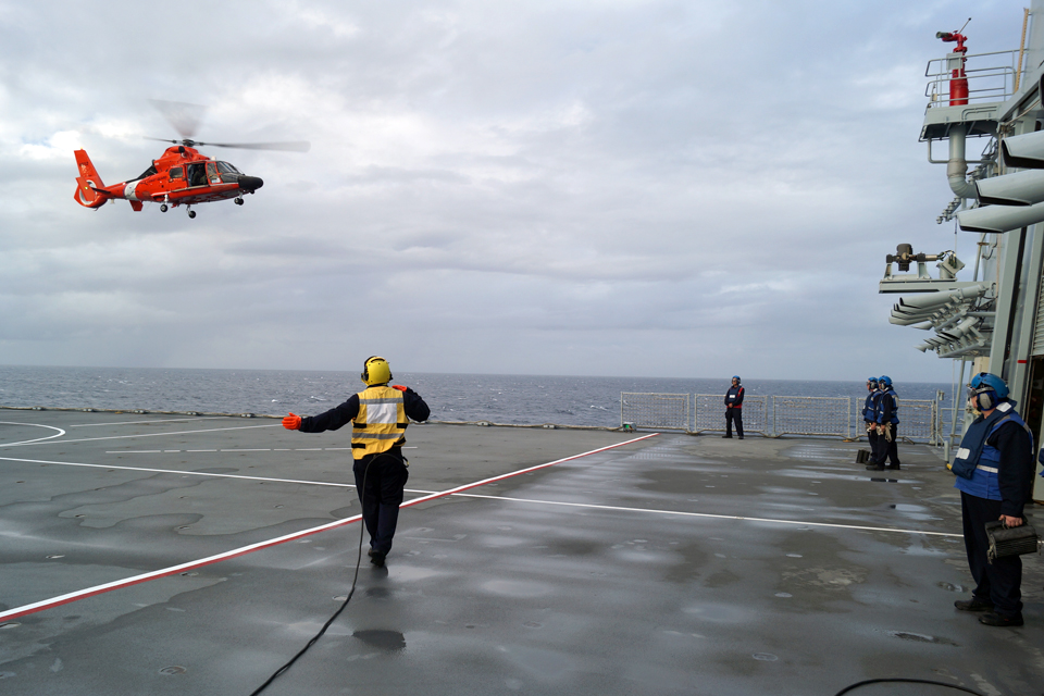 A US Coast Guard Dolphin helicopter