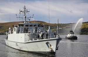 Royal Navy mine hunter HMS Penzance returned to her Scottish base. Crown copyright.