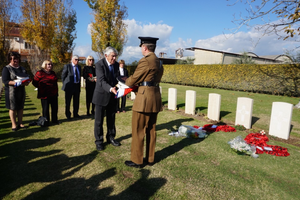 2nd cousin Michael Rose receives a presentation of a regimental cap and belt along with the Union Flag on behalf of the Rose family, Crown Copyright, Allrights 