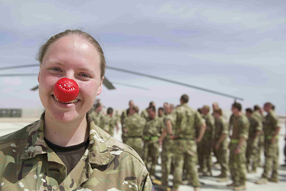 Flight Lieutenant Alexys Colyer from 1310 Flight gets into the Red Nose Day spirit at Camp Bastion