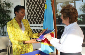 The Baroness Joyce Anelay, Prime Minister's Special Representative on Preventing Sexual Violence in Conflict, presenting the International Protocol to Jeanine Mabunda, Presidential Adviser on Sexual Violence and Child Recruitment in DRC