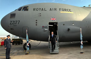 Prime Minister David Cameron exiting the newest C-17 transport aircraft at RAF Brize Norton today