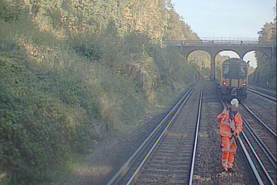Still image from forward facing CCTV image from the second train, looking away from Surbiton, showing the rear of the first train (courtesy South West Trains)