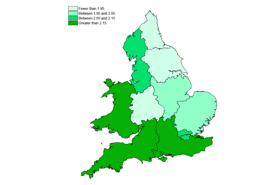 A map showing the number of entertainment premises licences in force on 31 March 2014 by region, per 1,000 population.