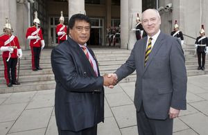 Nick Harvey, Minister of State for the Armed Forces (right), welcomes Lord Tu'ivakano, the Tongan Prime Minister, to the Ministry of Defence's Main Building in London