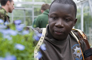 Guardsman Lamin Manneh, 33, from Windsor, originally from the Gambia, and serving with Number 2 Company Irish Guards, tends to plants in the newly-refurbished greenhouse at Headley Court