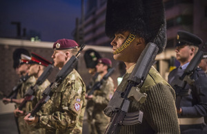 Armed Forces personnel parade before dawn this morning as part of a rehearsal for Lady Thatcher's funeral procession [Picture: Sergeant Adrian Harlen, Crown copyright]