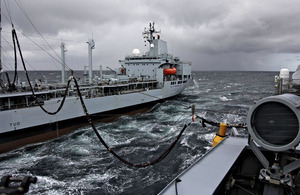 HMS Daring demonstrates a Replenishment at Sea with Royal Fleet Auxiliary tanker Orangeleaf