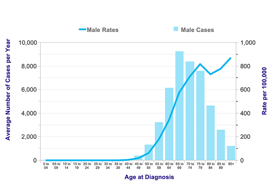 Figure 1. Average number of new cases of prostate cancer per year and age-specific incidence rates for men in the UK, 2011-2013 