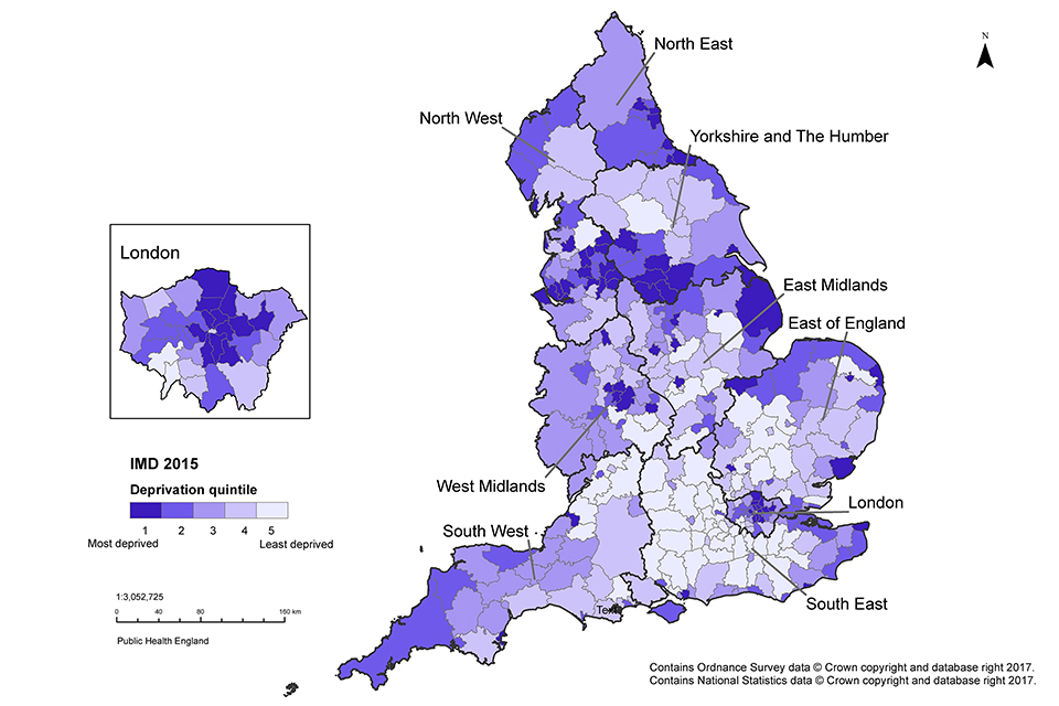 Figure 5. Map of lower tier local authorities (districts and unitary authorities) shaded to indicate the Index of Multiple Deprivation (IMD) 2015 deprivation quintile of the area, England, 2015
