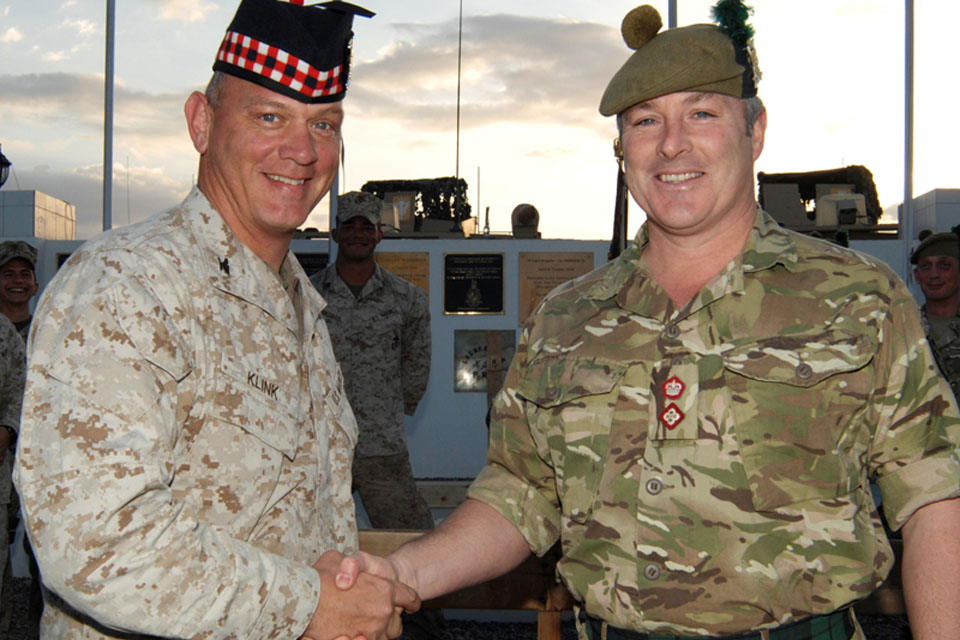 Colonel John Klink of the United States Marine Corps' Provincial Police Advisory Team with Lieutenant Colonel Adam Griffiths, Commanding Officer of 5 SCOTS 