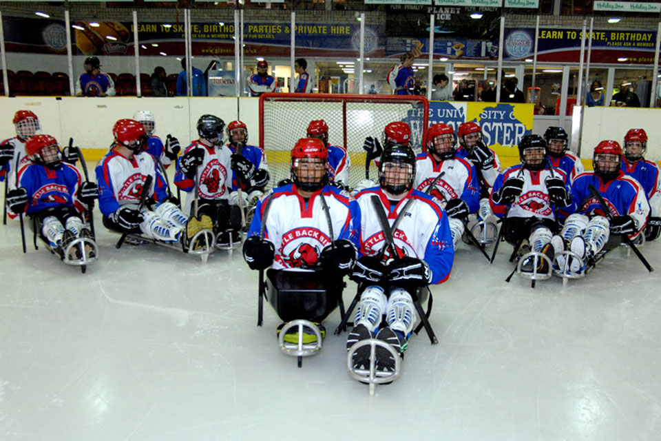 The Battle Back Bisons ice sledge hockey team at the Planet Ice Arena in Basingstoke 
