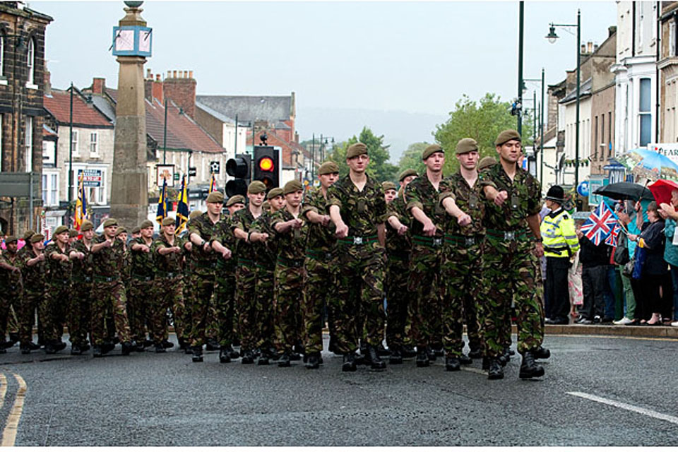 Soldiers of 2nd Battalion The Yorkshire Regiment march through the market town of Guisborough, North Yorkshire