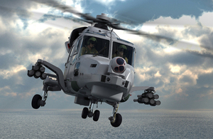 A computer-generated image of a Royal Navy Wildcat helicopter fitted with future anti-surface guided weapons (light) missiles [Picture: Copyright Thales]