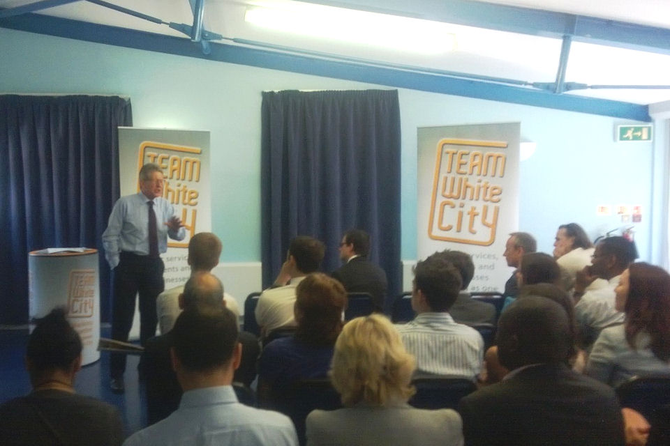 Don Foster speaking at the Team White City project in West London.