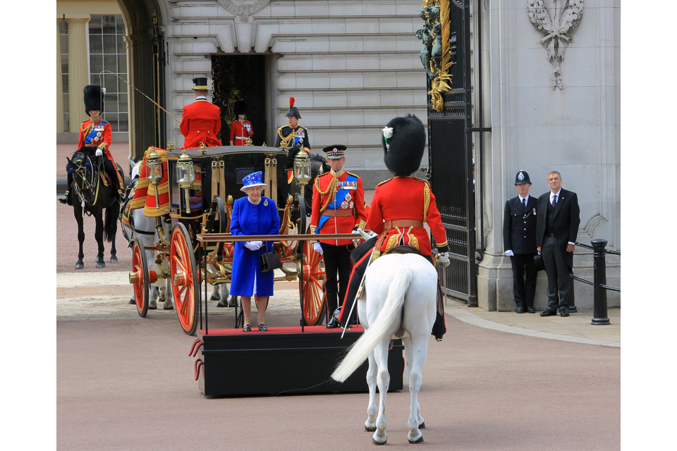 Her Majesty The Queen and the Duke of Kent are greeted by a mounted officer of the Household Cavalry