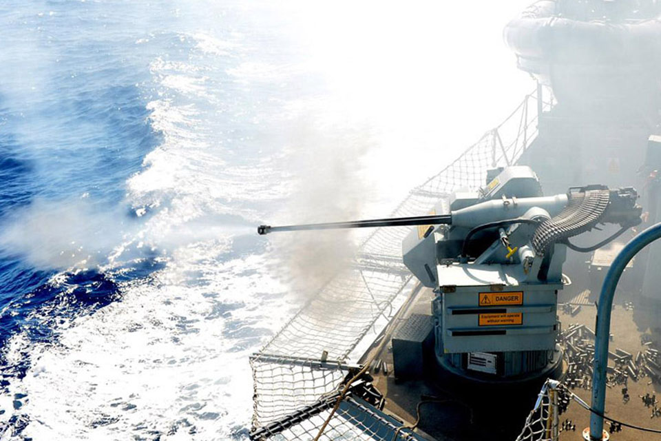 HMS Sutherland's 30mm gun during the live firing exercise off Gibraltar