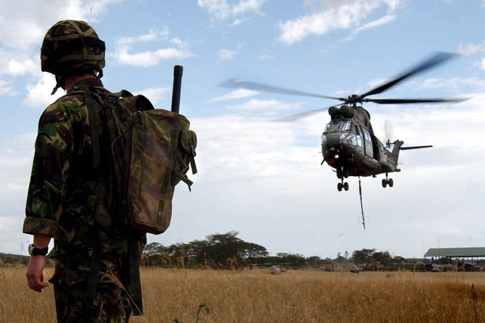 A Puma from 230 Squadron RAF provides helicopter support during the UK military training exercise Grand Prix in Kenya 