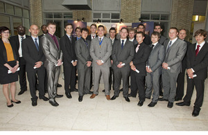 Group shot of the apprentice Tom Nevard Memorial Competition entrants at the Ministry of Defence Main Building in London