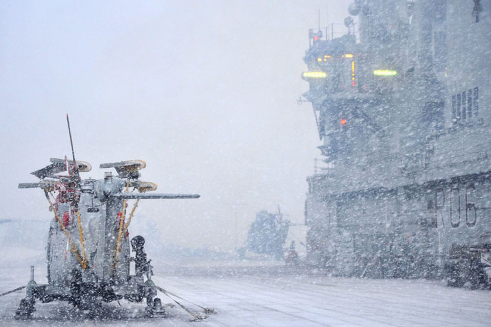 Aircraft secured on board HMS Illustrious until the weather improves during Exercise Cold Response